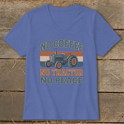 Blue v-neck t-shirt with "No Coffee No Tractor No Peace" text and tractor graphic.