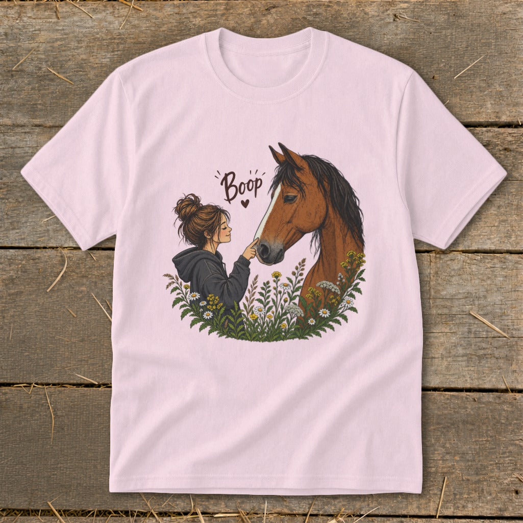 Illustration of a girl gently touching a horse's nose, with the word "Boop" above.
