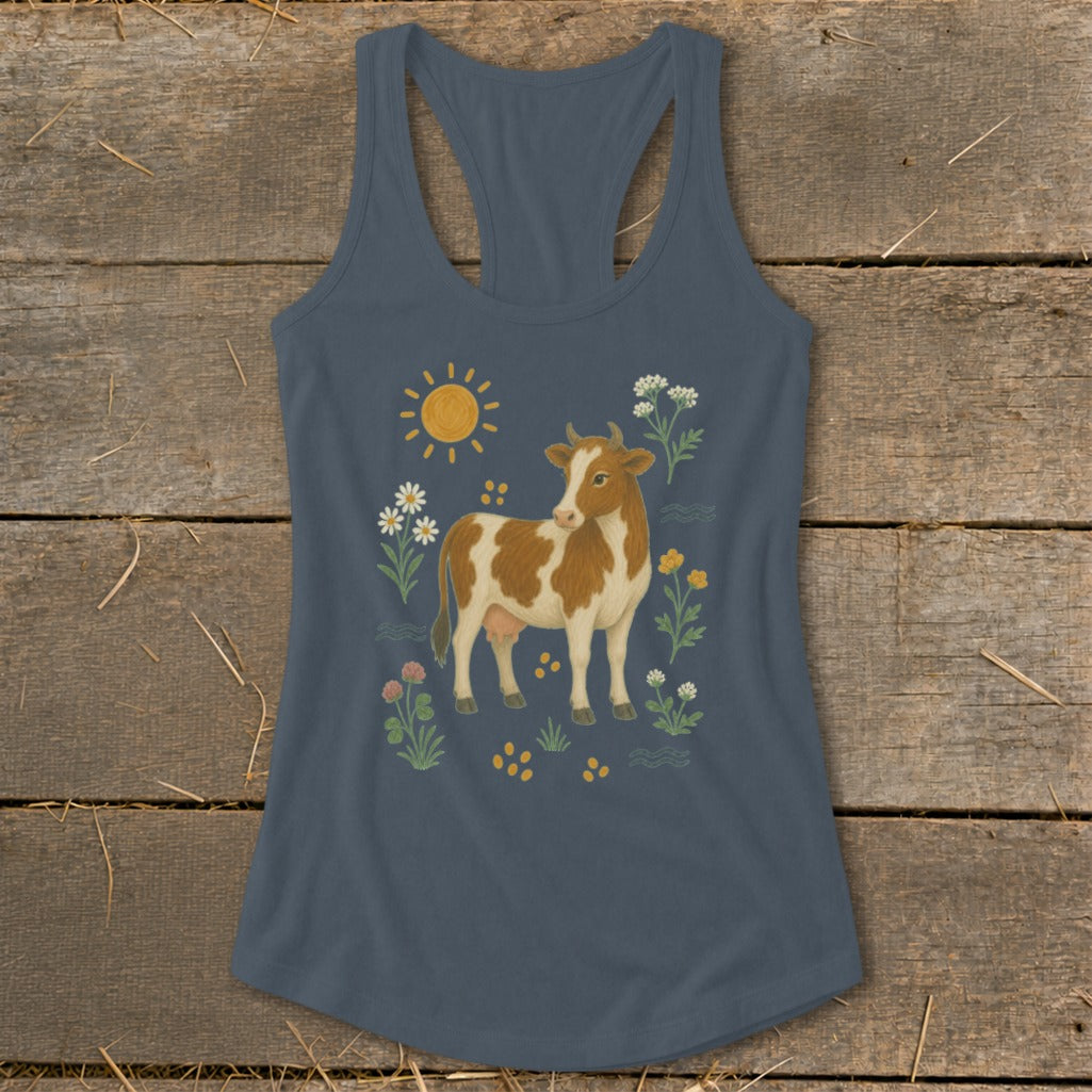 Tank top with a brown and white cow, sun, and flowers illustration.