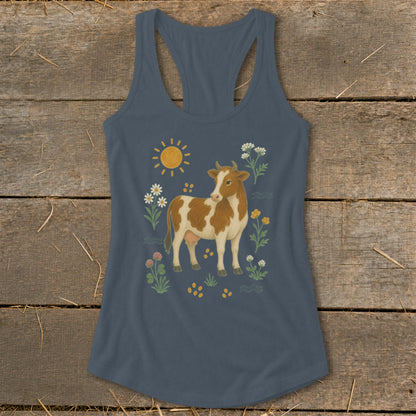 Tank top with a brown and white cow, sun, and flowers illustration.