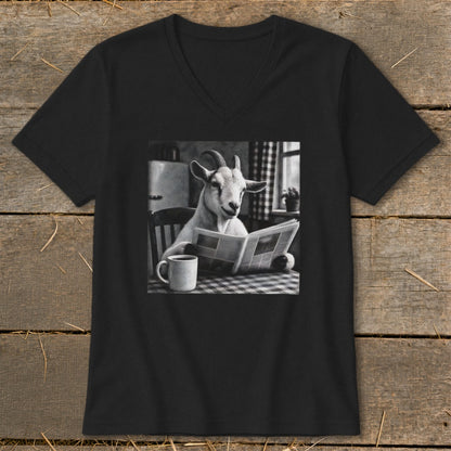 A black V-neck t-shirt featuring a black and white graphic of a goat reading a newspaper.