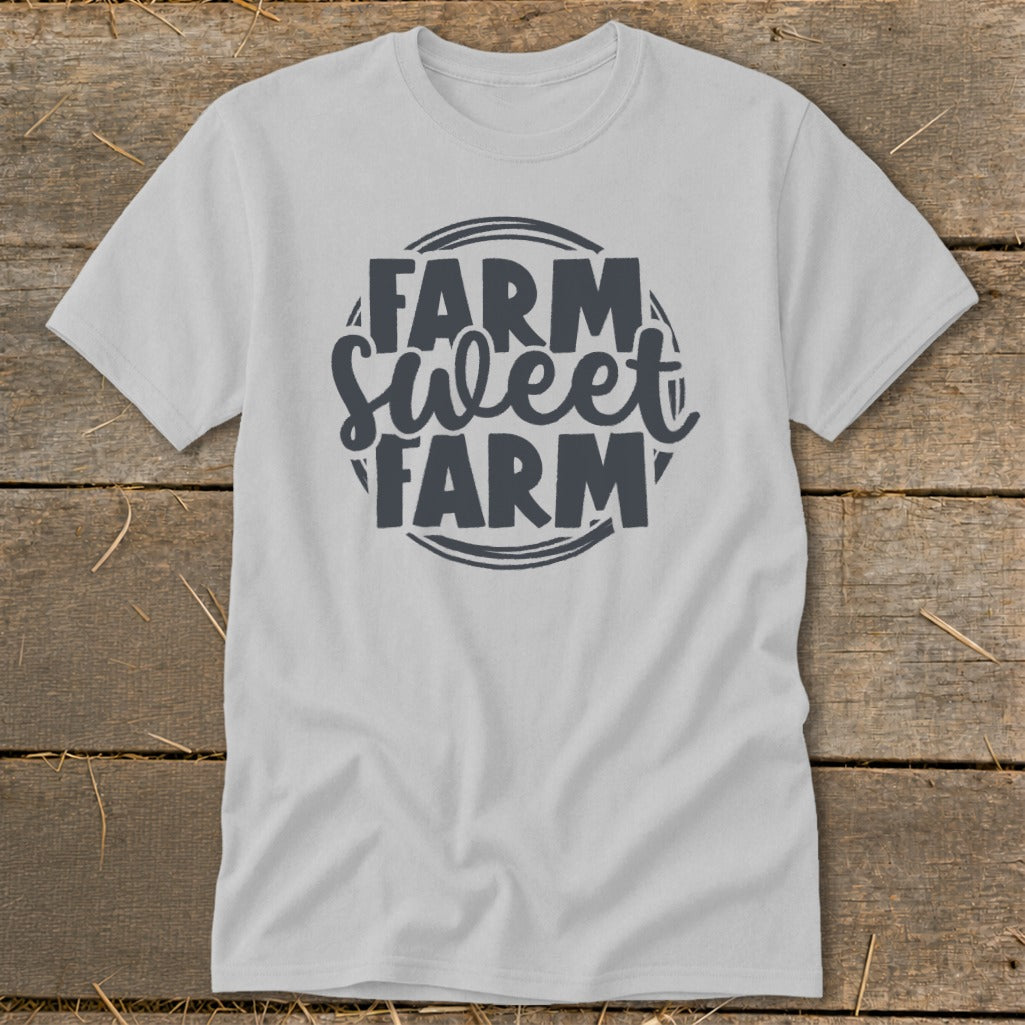 Light gray t-shirt with "Farm Sweet Farm" text graphic in dark gray circle.