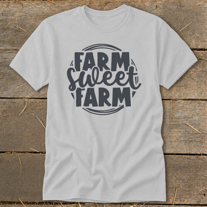 Light gray t-shirt with "Farm Sweet Farm" text graphic in dark gray circle.