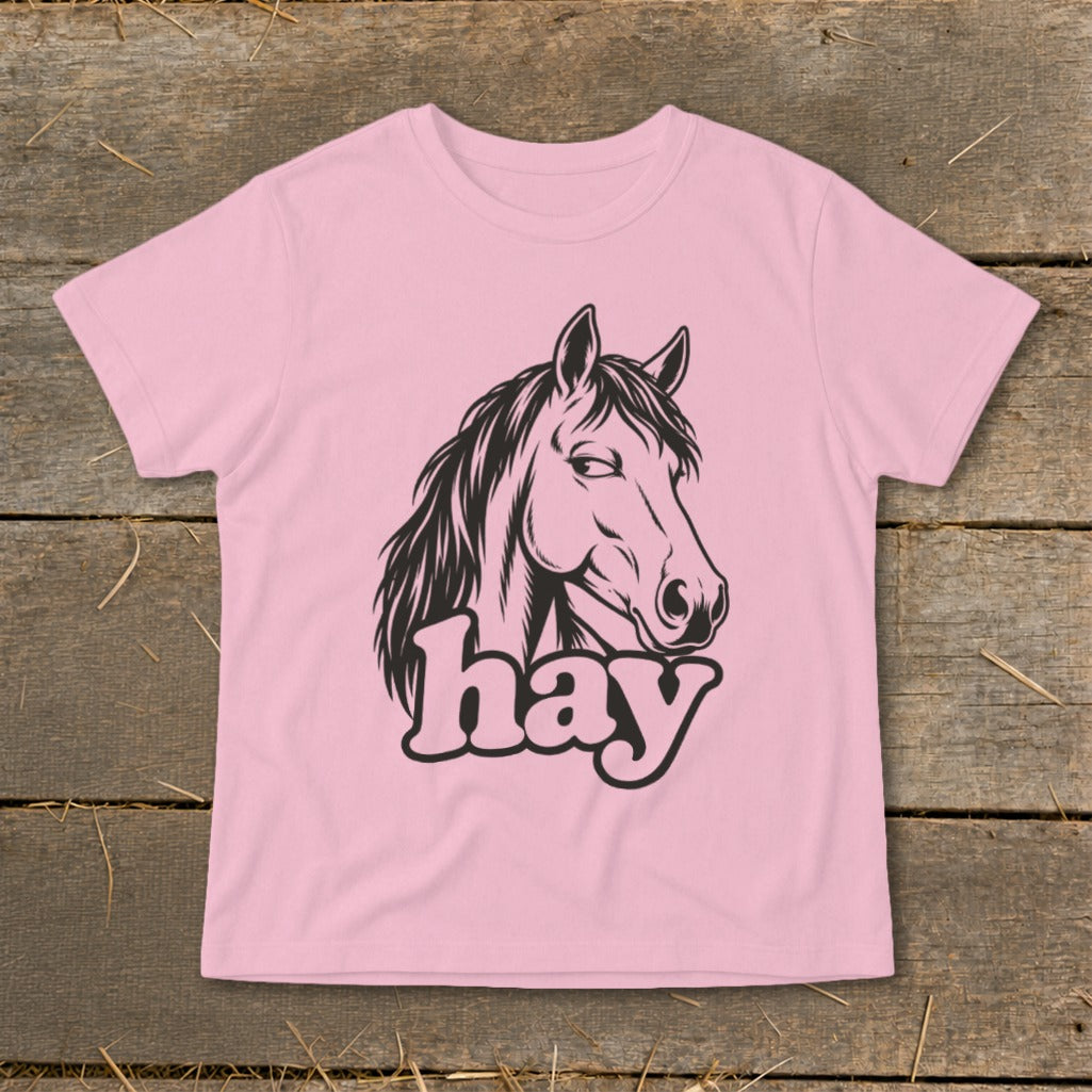 Pink t-shirt with a black horse head and the word "hay".