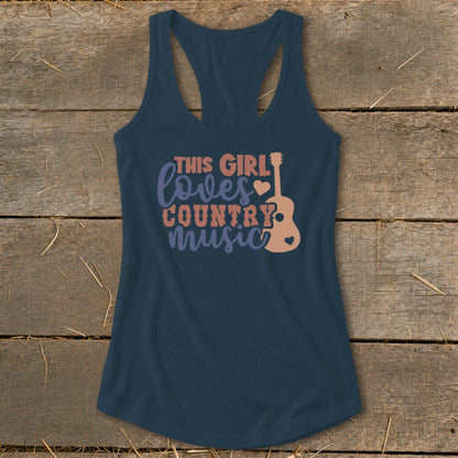 Navy tank top with "This girl loves country music" and guitar graphic.