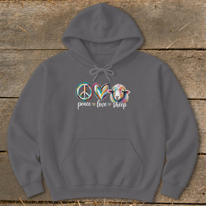 Grey hoodie with peace, love, sheep graphic and watercolor sheep.