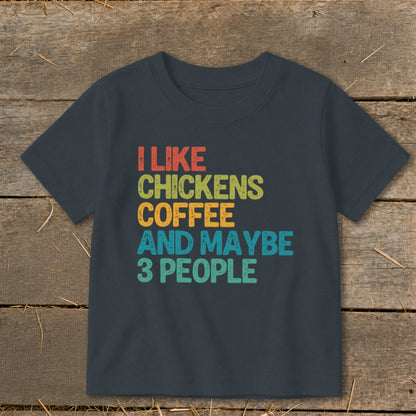Dark grey t-shirt with retro text: "I like chickens coffee and maybe 3 people".