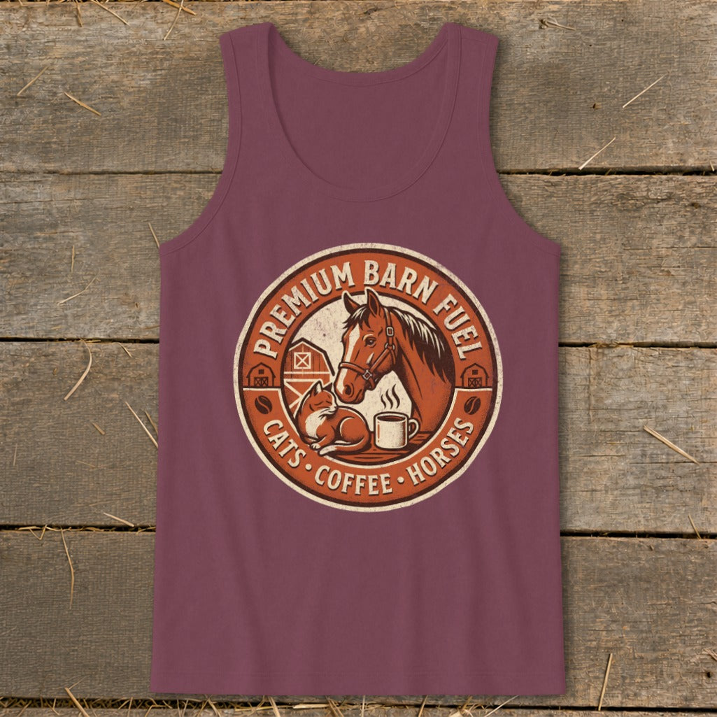 Circular graphic with horse, cat, coffee, and barn icons, reading "Premium Barn Fuel, Cats, Coffee, Horses".