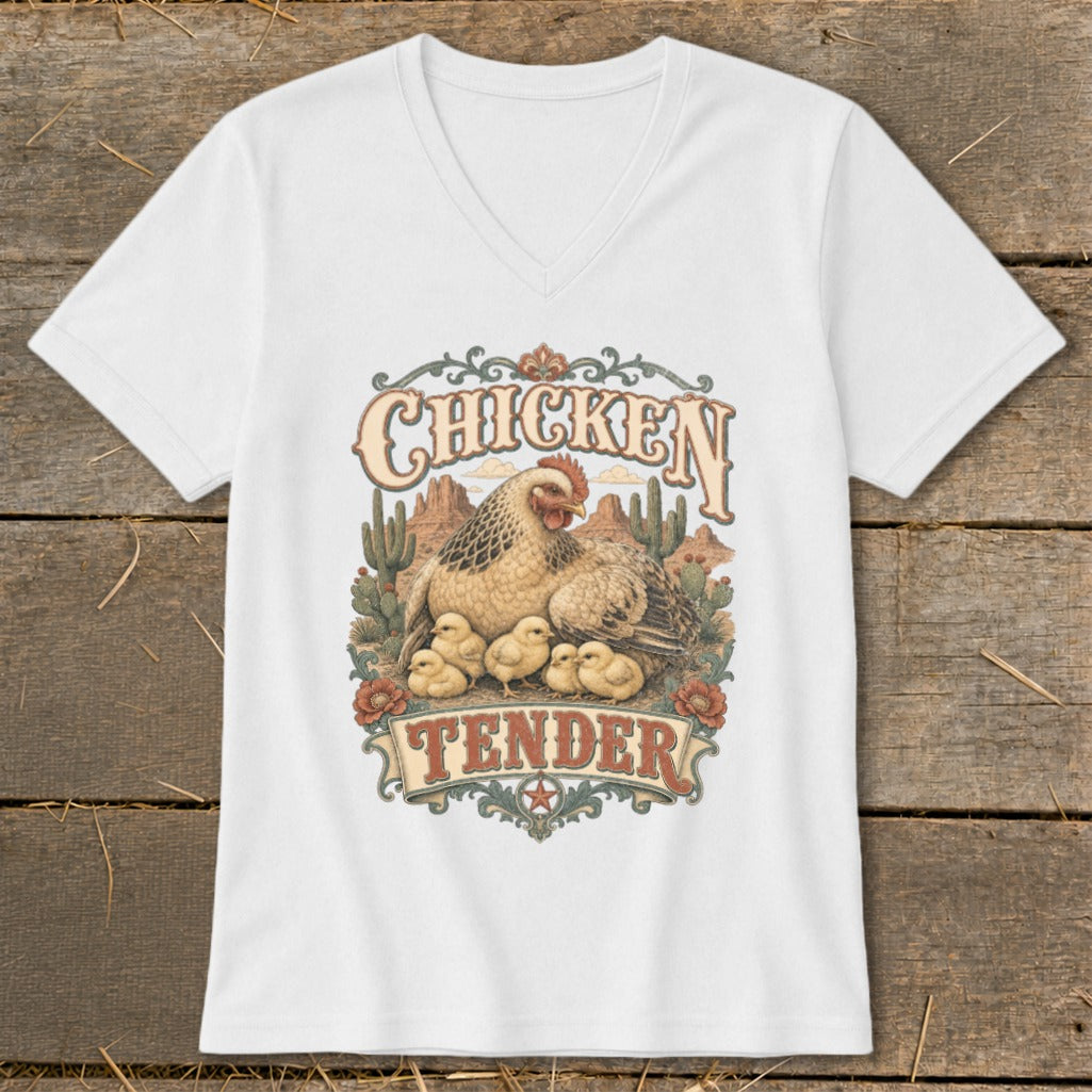 White v-neck t-shirt with "Chicken Tender" text and hen with chicks graphic.