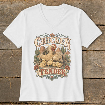 White v-neck t-shirt with "Chicken Tender" text and hen with chicks graphic.