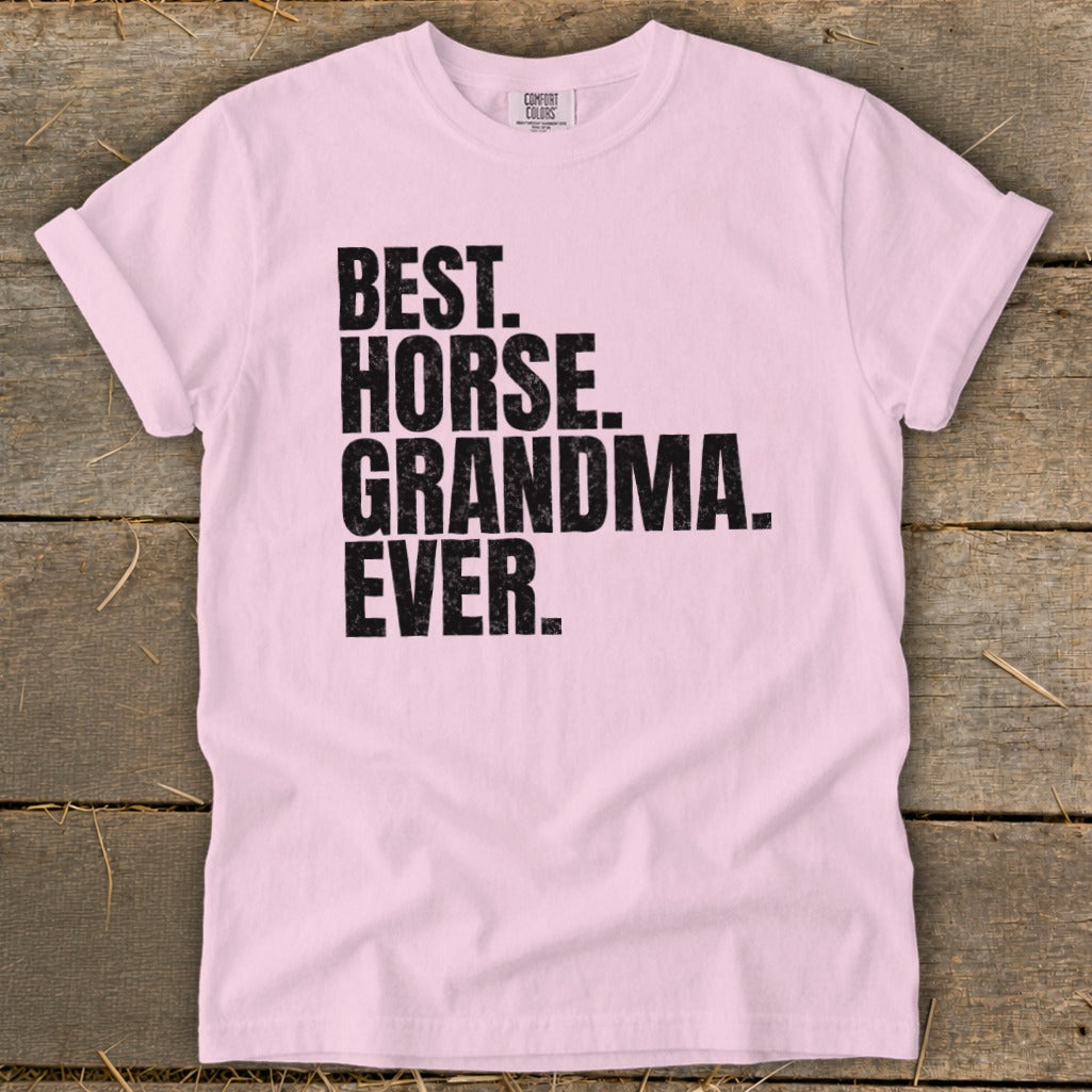 Pink t-shirt with black text reading "BEST. HORSE. GRANDMA. EVER."