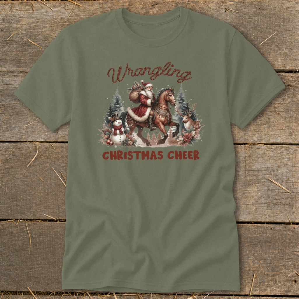 Santa on horseback with snowman and deer, "Wrangling Christmas Cheer" text.