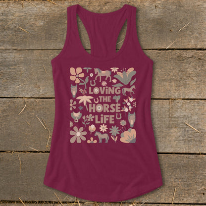 Maroon racerback tank top with "Loving the Horse Life" text and horse, flower, and horseshoe graphics.