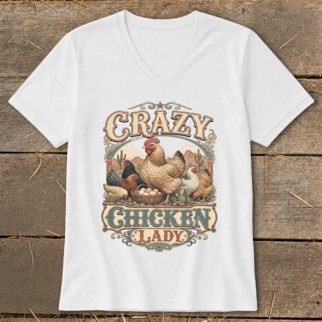 White v-neck t-shirt with "Crazy Chicken Lady" text and illustration of chickens.