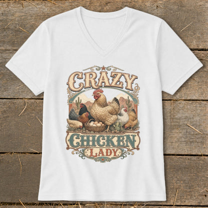 White v-neck t-shirt with "Crazy Chicken Lady" text and illustration of chickens.