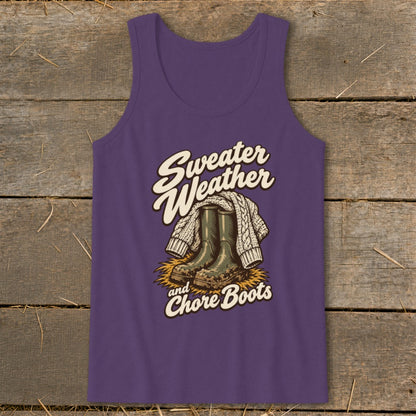 Purple tank top with "Sweater Weather and Chore Boots" graphic.