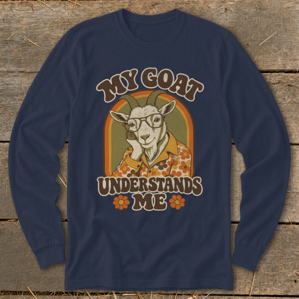 Goat wearing glasses and a floral shirt with text "My Goat Understands Me".