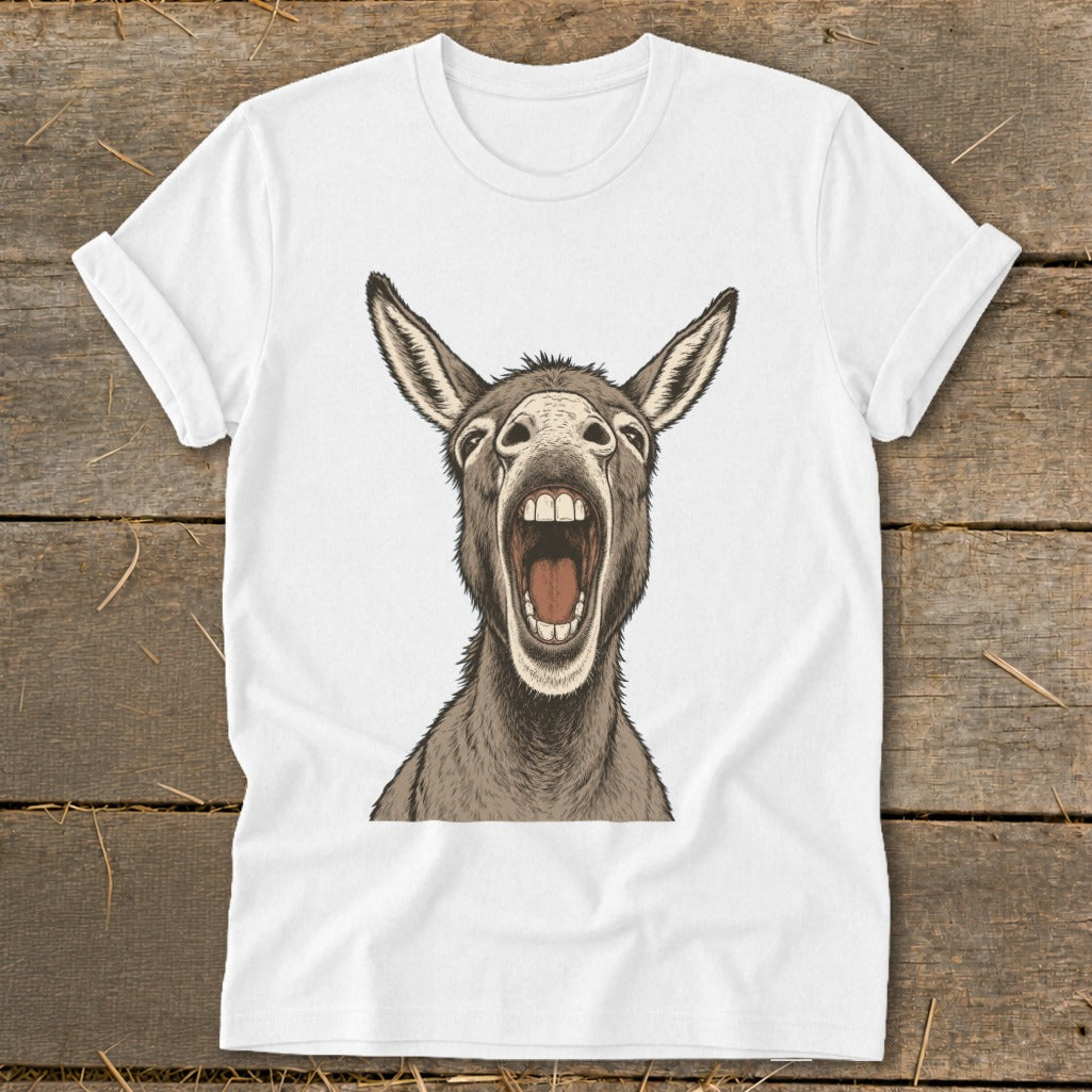 White t-shirt with a humorous drawing of a donkey with its mouth wide open.