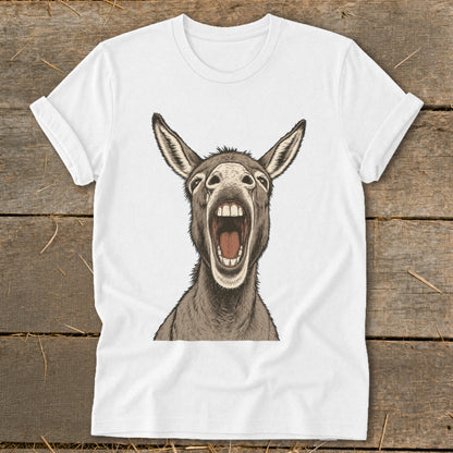 White t-shirt with a humorous drawing of a donkey with its mouth wide open.