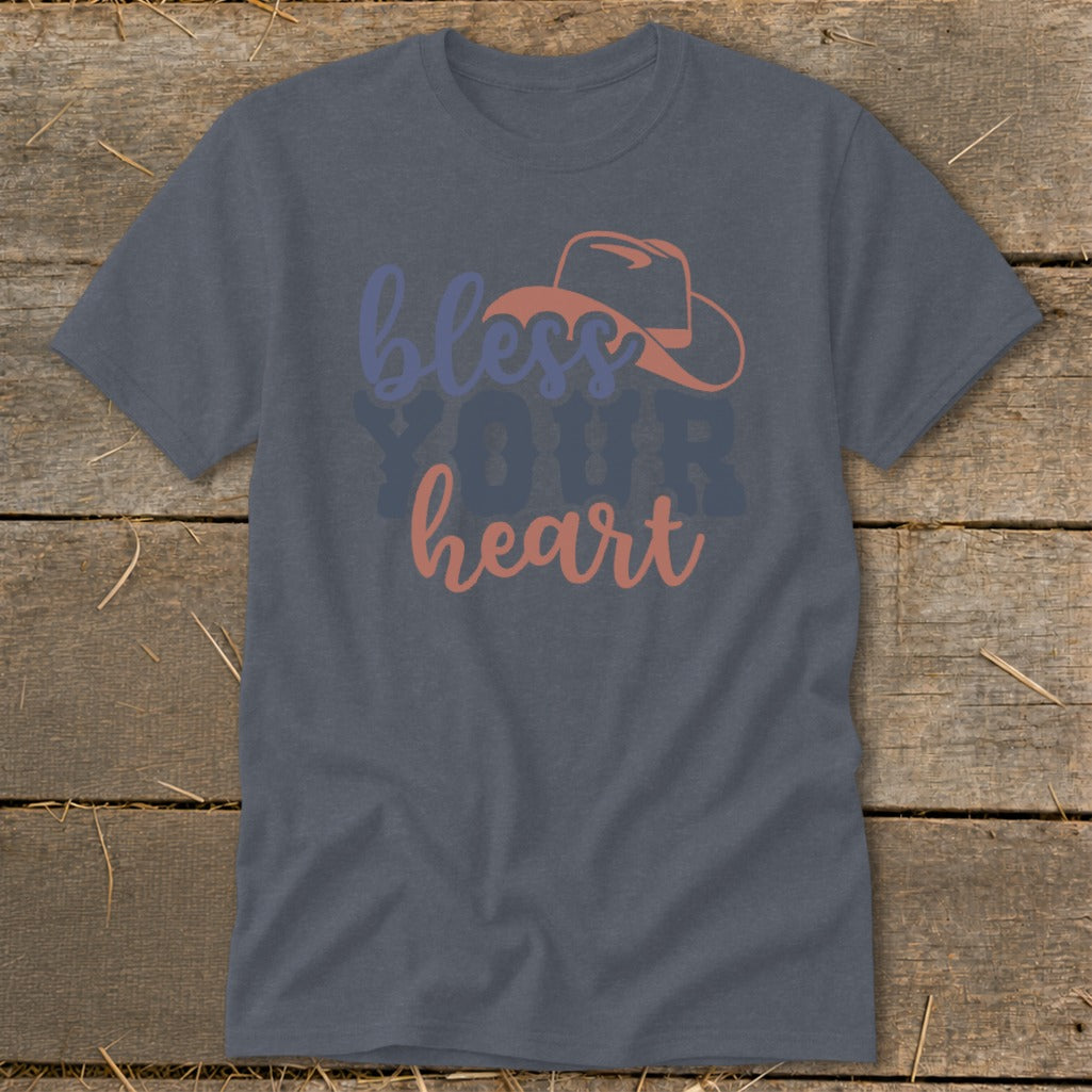 Gray t-shirt with cowboy hat graphic and "bless YOUR heart" text.