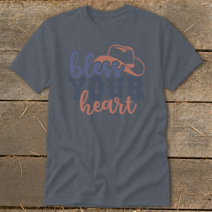 Gray t-shirt with cowboy hat graphic and "bless YOUR heart" text.