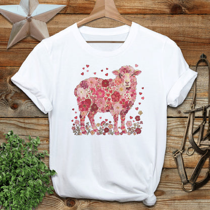 Cute Floral Sheep Graphic White T-shirt for Spring
