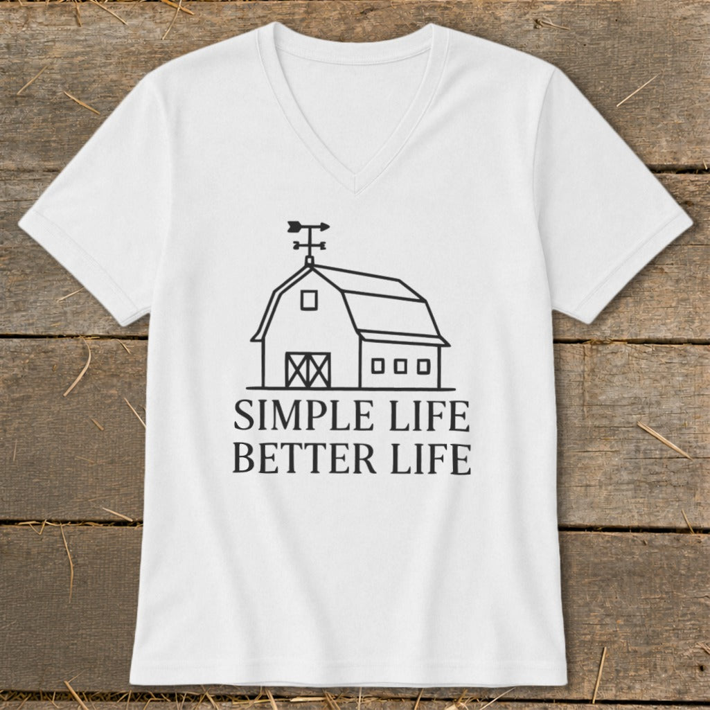 White v-neck t-shirt with a black barn graphic and text "SIMPLE LIFE BETTER LIFE".