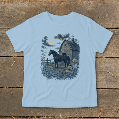 Dark horse standing by a barn at night with a crescent moon.