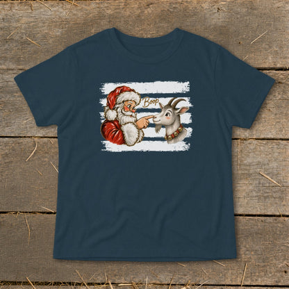 Santa booping a goat with "Boop" text on a dark t-shirt.