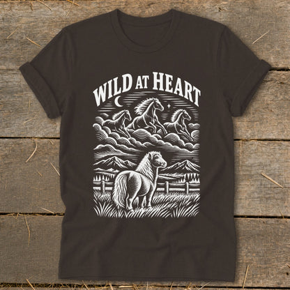 Dark t-shirt with "Wild at Heart" graphic of horses running and standing.