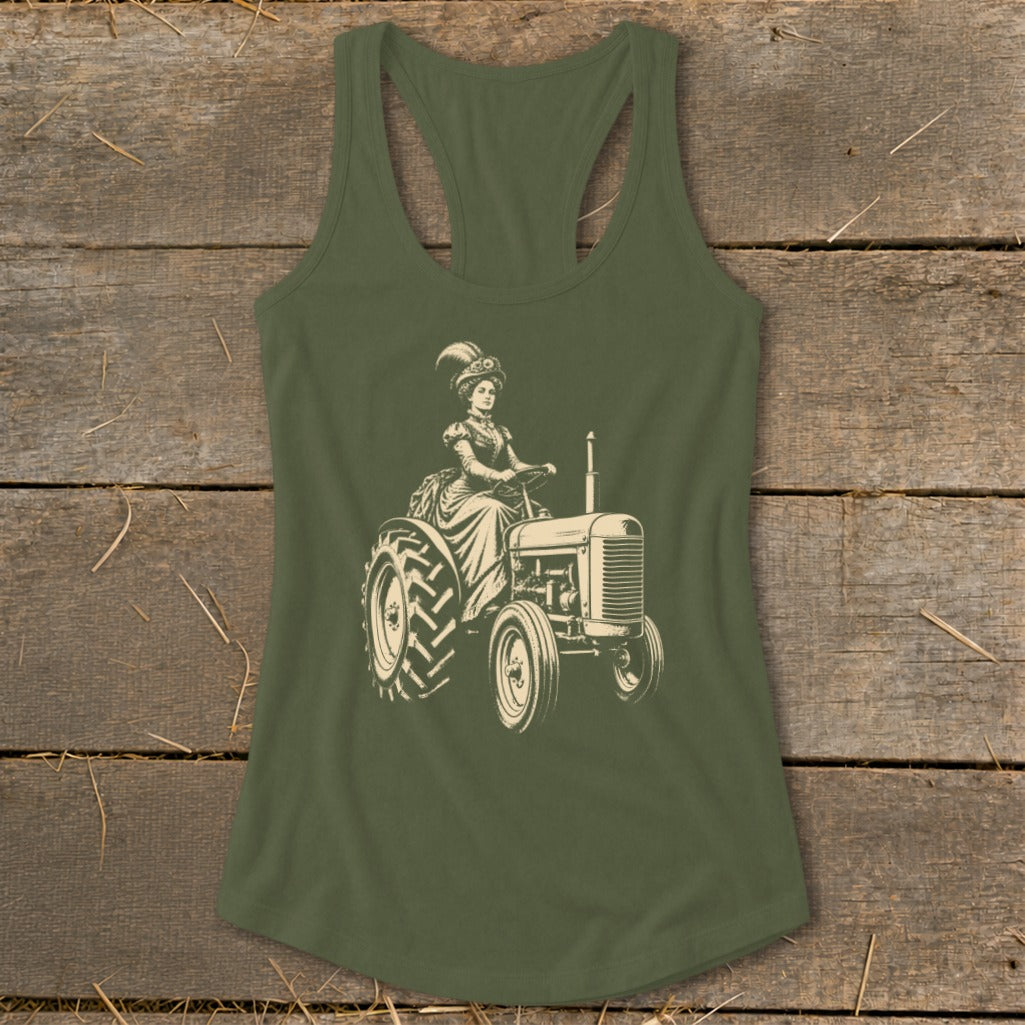 Tank top featuring a vintage illustration of a woman in historical dress driving a tractor.