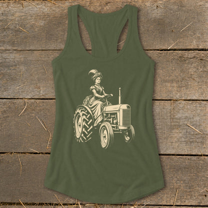 Tank top featuring a vintage illustration of a woman in historical dress driving a tractor.
