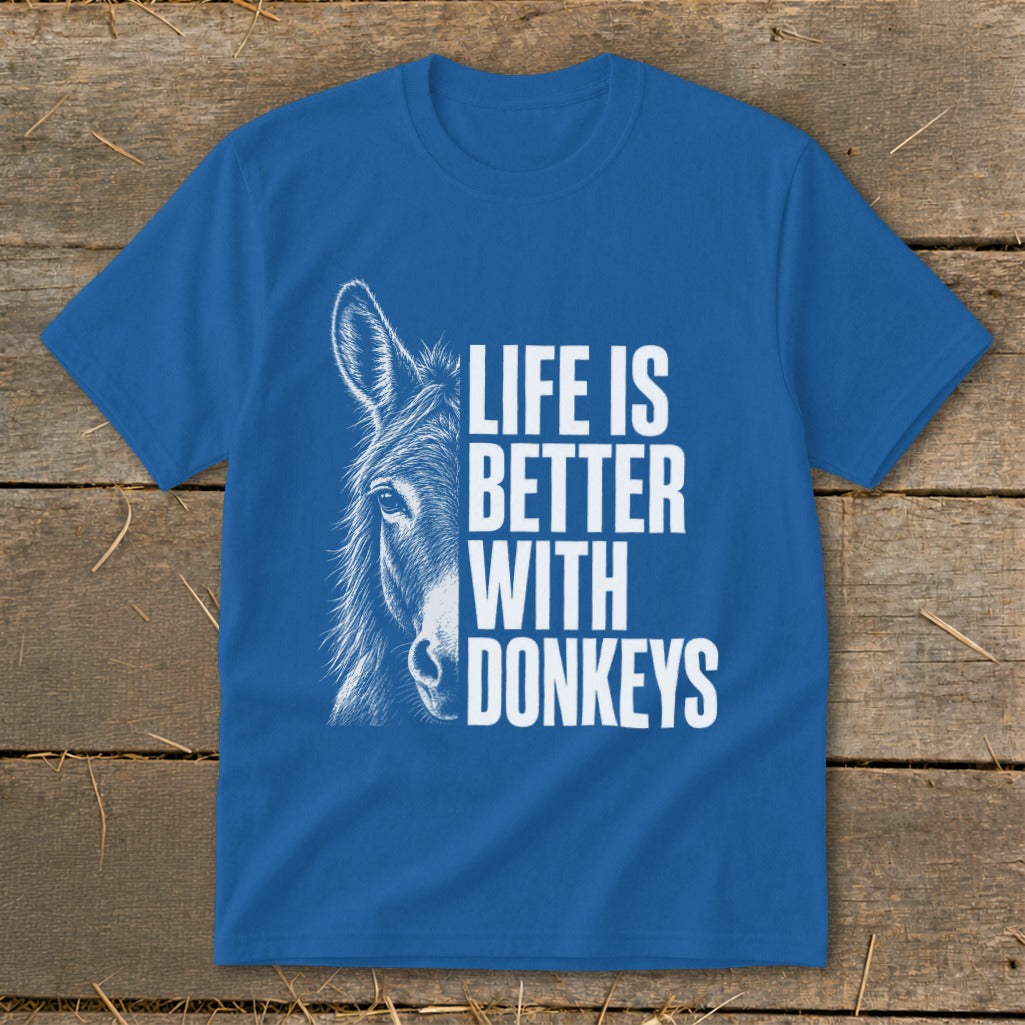 Blue t-shirt with a donkey sketch and text "Life is Better With Donkeys."