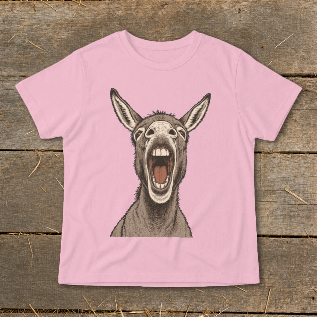 Pink t-shirt with a drawing of a donkey with its mouth wide open.