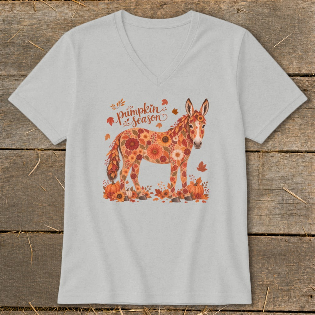 Donkey adorned with autumn flowers and leaves, with "Pumpkin Season" text.