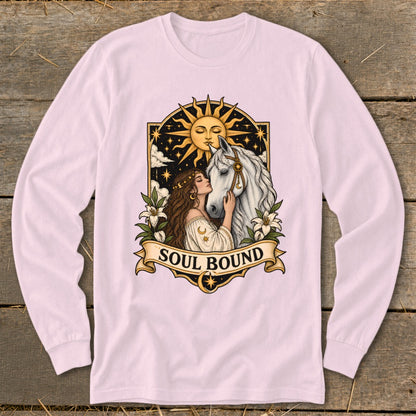 Woman with long hair touching white horse, sun, stars, and text "SOUL BOUND".