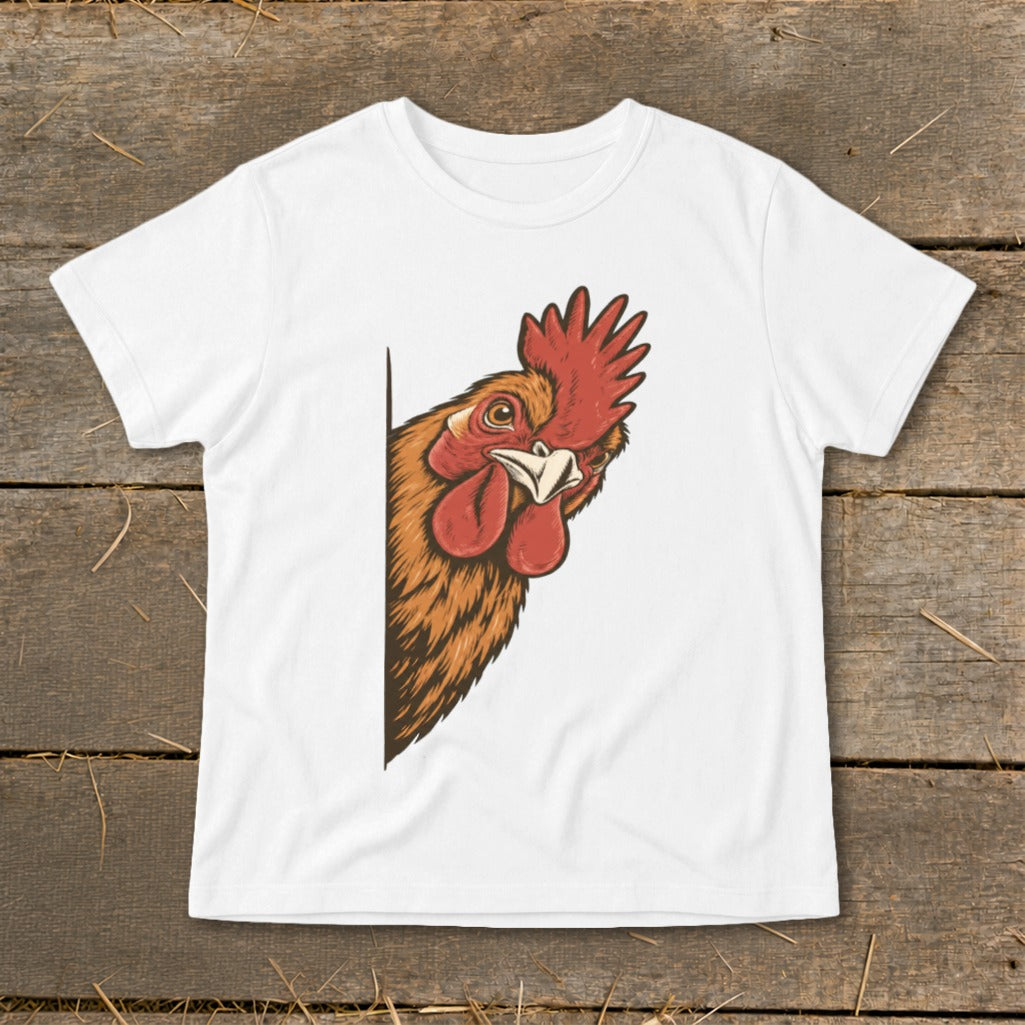 Illustration of a rooster's head peeking from the side on a white t-shirt.