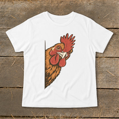 Illustration of a rooster's head peeking from the side on a white t-shirt.