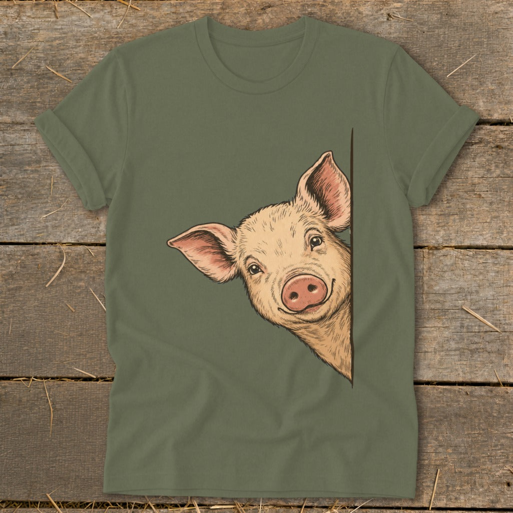 Olive green t-shirt featuring a drawing of a peeking pig.