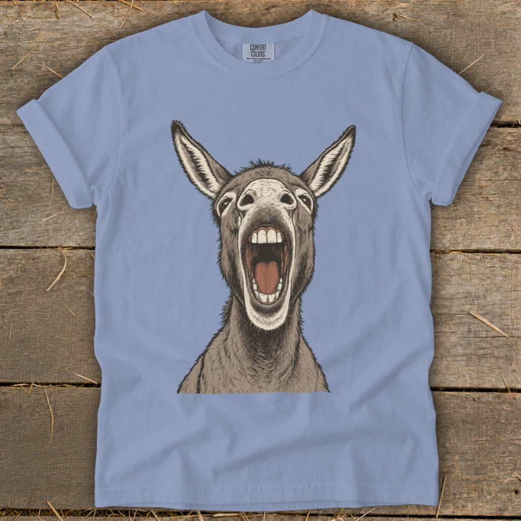 Light blue t-shirt with a graphic of a donkey's head with mouth wide open.