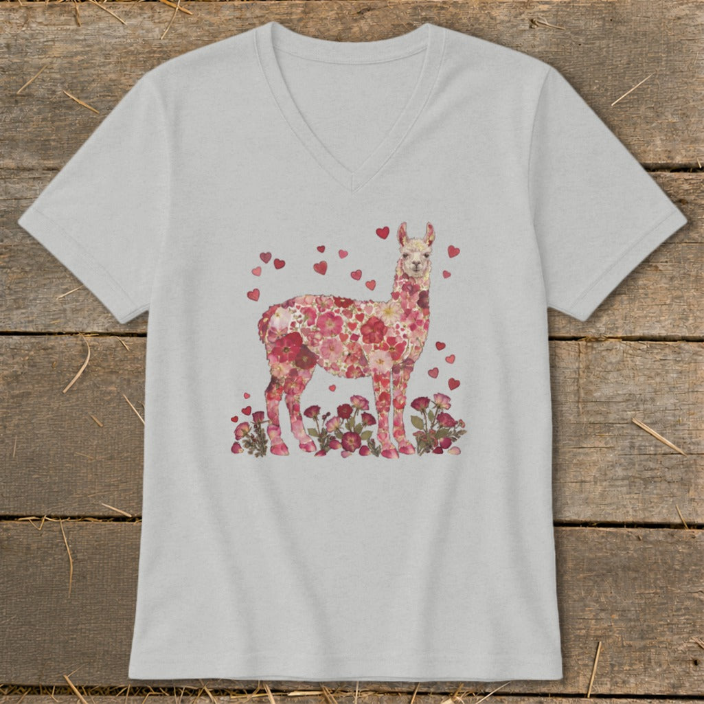 Light gray v-neck t-shirt with a floral alpaca design and hearts.