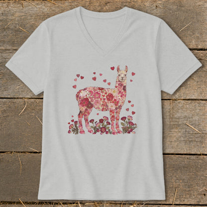 Light gray v-neck t-shirt with a floral alpaca design and hearts.