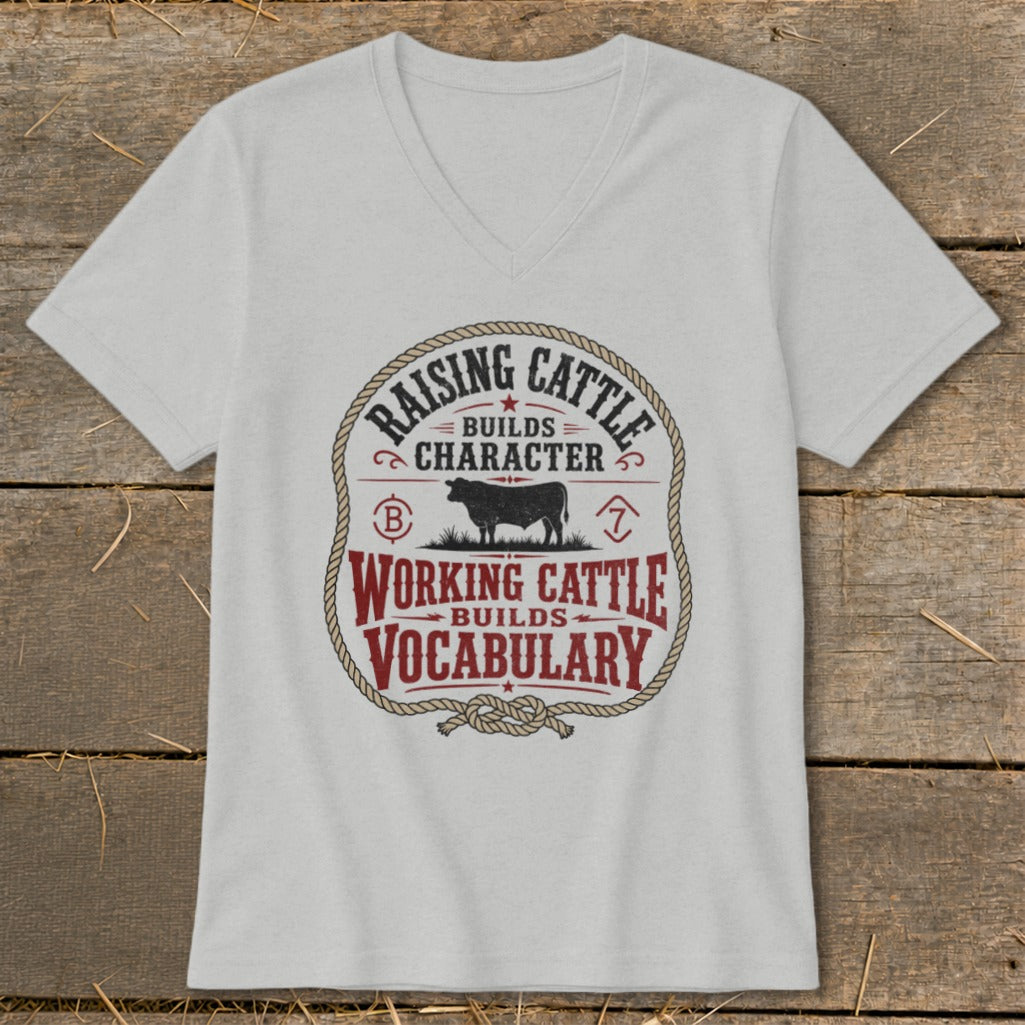 Light gray v-neck t-shirt with a circular graphic about raising cattle.