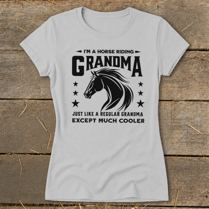 Horse riding grandma t-shirt with horse graphic and text.