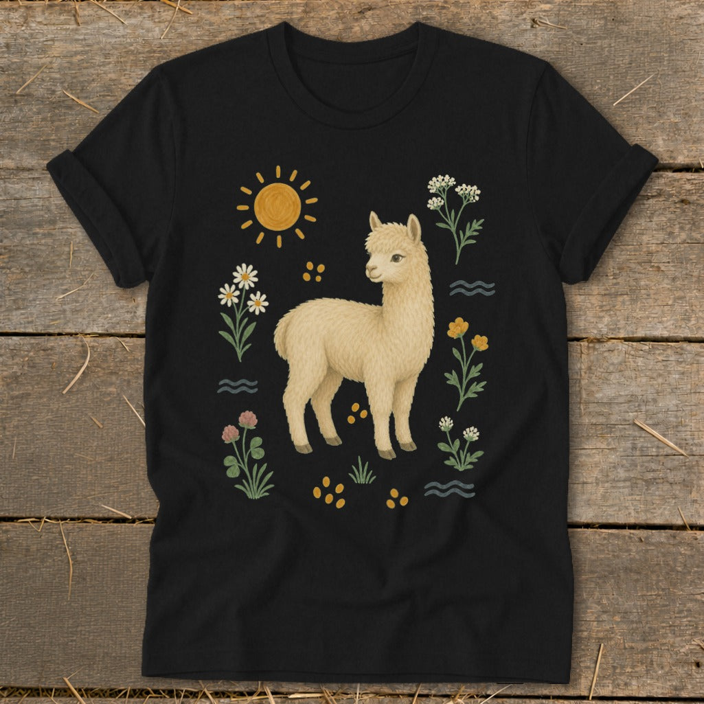 Black t-shirt featuring a light beige alpaca with a sun and floral design.