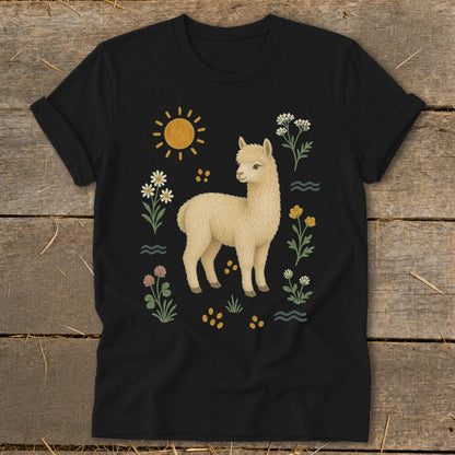 Black t-shirt featuring a light beige alpaca with a sun and floral design.