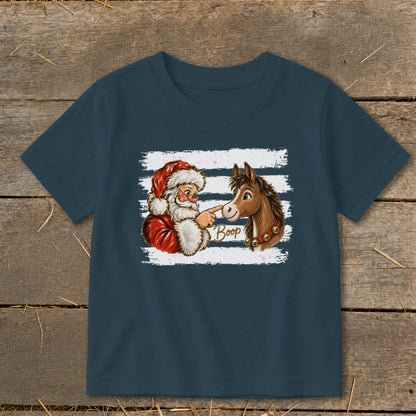 Santa booping a horse's nose with the word "Boop" written on the t-shirt.