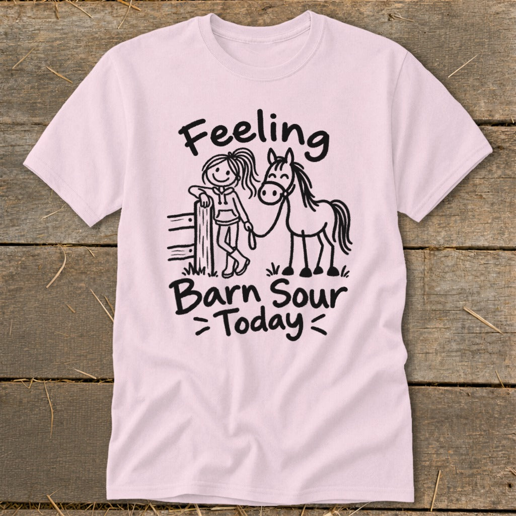 Pink t-shirt with "Feeling Barn Sour Today" text and a drawing of a girl and a horse.
