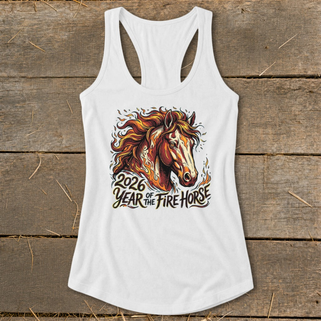 White tank top with "2026 Year of the Fire Horse" and a fiery horse graphic.