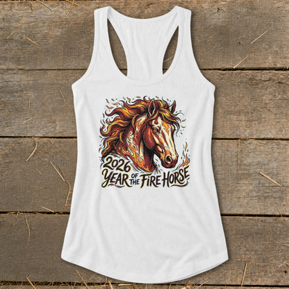 White tank top with "2026 Year of the Fire Horse" and a fiery horse graphic.